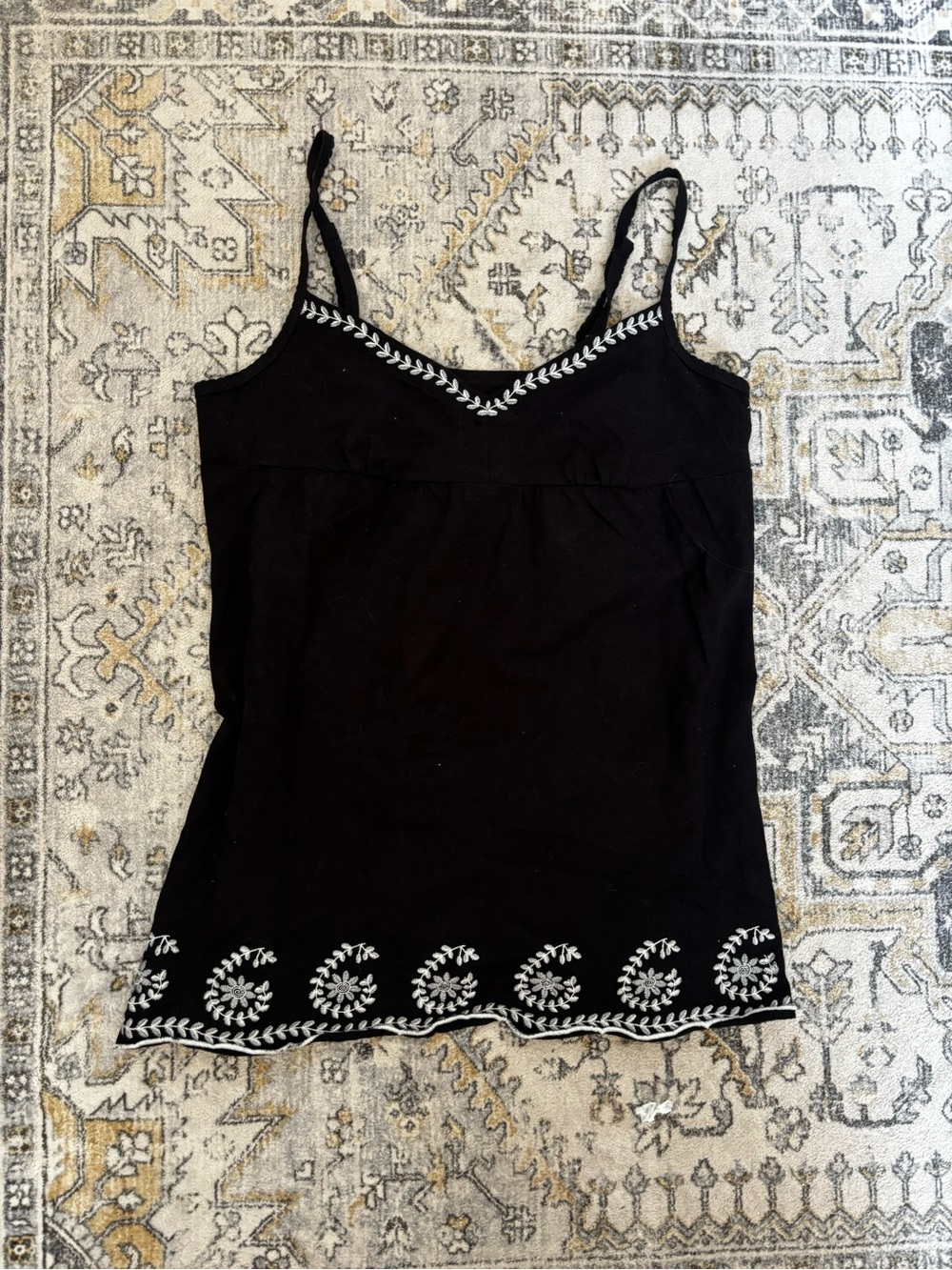 Black Embroidered V-Neck Spaghetti Tank Top